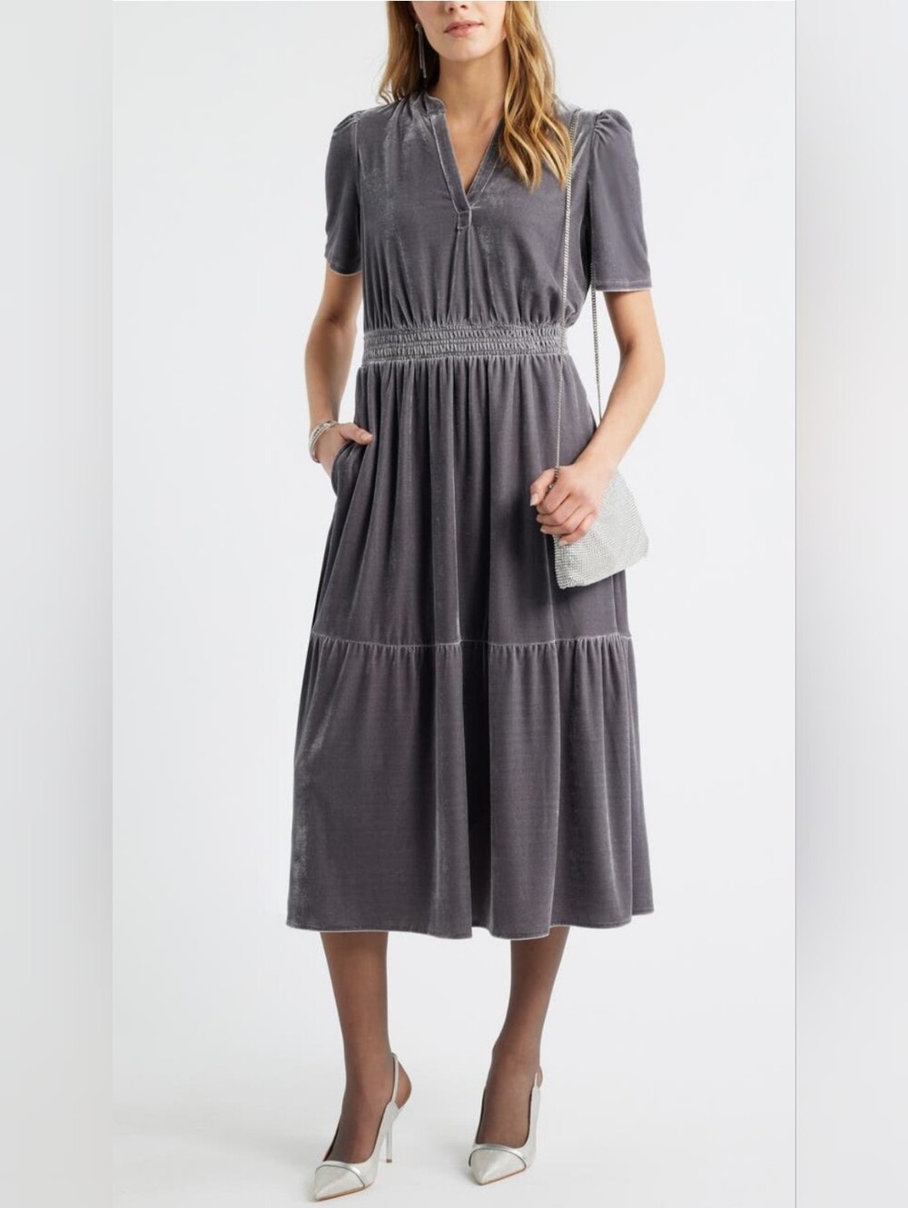 NWT - Caslon Grey Stretch Plush Velour Smocked Waist Fully Lined Midi Dress - M - Picture 13 of 16